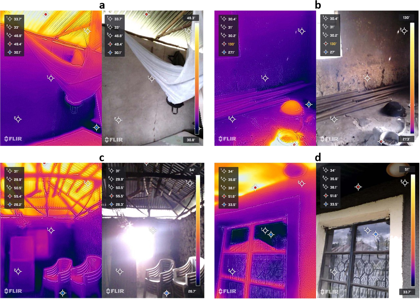Thermal infrared images of a home's bedroom, kitchen, and living room surface temperatures.