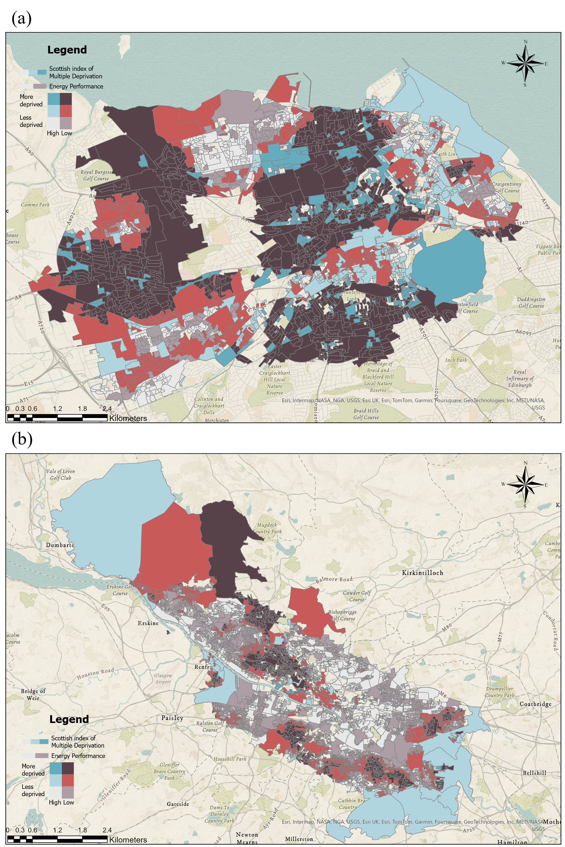 Bivariate map of neighbourhood deprivation (SIMD) versus predicted energy performance in a Scottish city
