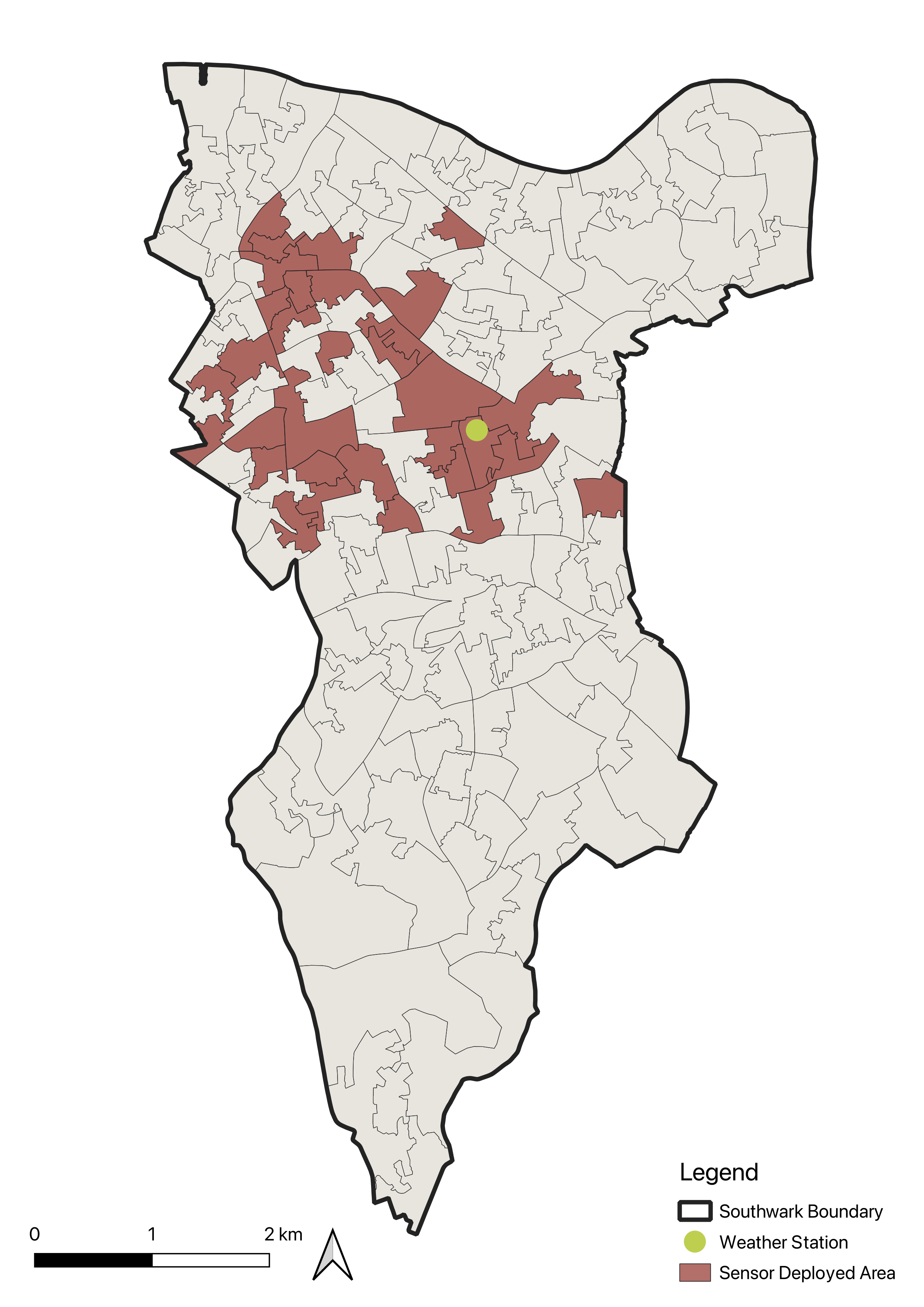 Map of sensor locations in Southwark London